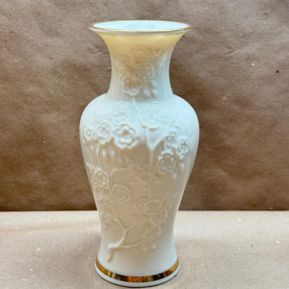 Lenox Ming Blossom Vase Cream Porcelain 24K Gold Trim Raised Floral 6 Inch